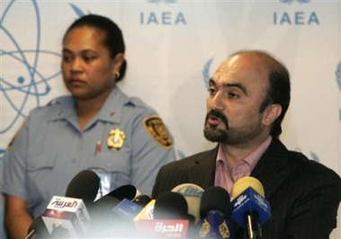 Reza Vaidi, Iran's head of delegation to the IAEA, speaks to media during the 35-nation board of governors meeting of the International Atomic Energy Agency (IAEA) at the International Center in Vienna, Austria, on Saturday, Sept 24, 2005. (AP
