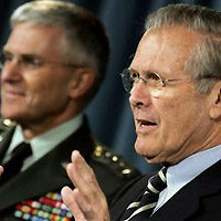 Secretary of Defense Donald H. Rumsfeld, right, and U.S. Army Gen. George Casey, the top U.S. commander in Iraq, hold a press conference about the war in Iraq, Friday, Sept. 30, 2005, at the Pentagon