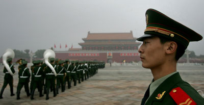 A Chinese paramilitary policeman stands guard