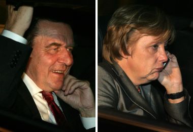 A combination of two pictures shows Germany's Christian Democratic Union (CDU) leader Angela Merkel (R) and German Chancellor Gerhard Schroeder in their limousines after they left talks between Germany's conservative (CDU/CSU) parties and the Social Democrats in Berlin October 9, 2005. Schroeder and conservative leader Angela Merkel delayed resolving a bitter row over who should lead Germany after Sunday talks to lay the basis for a coalition government of their rival parties.