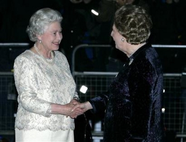 Britain's Queen Elizabeth II, left, shakes hands with former British Prime Minister Margaret Thatcher, after arriving for the former British Prime Minister's 80th birthday party in central London, Thursday, Oct.13, 2005 (AP 