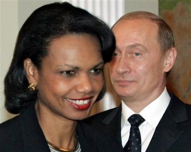 Russian President Vladimir Putin and U.S. Secretary of State Condoleezza Rice smile during their meeting in Putin's Novo-Ogaryovo country residence west of Moscow, Saturday, Oct. 15, 2005.