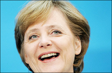 Conservative leader Angela Merkel gives a press conference at her Christian Democratic Union (CDU) party's headquarters in Berlin. 