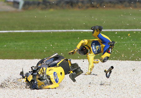 MotoGP rider Alex Barros of Brazil crashes his Yamaha at high speed during the Australian Motorcycle Grand Prix at Phillip Island race track near Melbourne October 16, 2005.