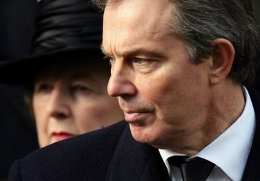 Britain's Prime Minister Tony Blair (R) and former prime minister Margaret Thatcher leave after the Remembrance Sunday Service at the Cenotaph in Whitehall, London November 13, 2005.