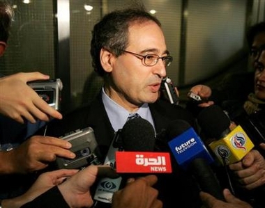 Syrian ambassador to the United Nations Fayssal Mekdad answers questions from reporters after addressing the United Nations Security Council at U.N. Headquarters in New York, October 25, 2005.