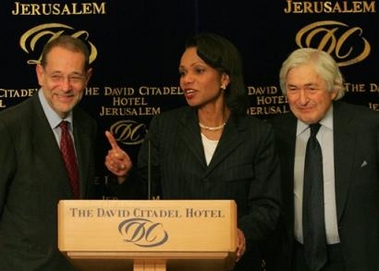 U.S Secretary of State Condoleezza Rice, center, EU 's Foreign policy chief Javier Solana, left, and international Mideast envoy James Wolfensohn during a press conference at the David Citadel hotel in Jerusalem Tuesday Nov. 15, 2005.