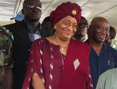 Liberian President elect Ellen Johnson-Sirleaf, center, after she gave an address to the nation in the city of Monrovia, Liberia on Wednesday, Nov. 23, 2005.
