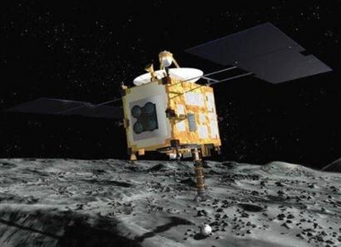 In this artist rendering released by the Japan Aerospace Exploration Agency (JAXA), the Hayabusa probe collects surface samples after landing on an asteroid. 