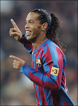 Barcelona's Ronaldinho celebrates after scoring the second goal against Real Madrid during their Spanish League football match at Santiago Bernabeu stadium in Madrid. The Silky-smooth Brazilian striker is being tipped to win the 50th European footballer of the year award at a ceremony in Paris on Monday