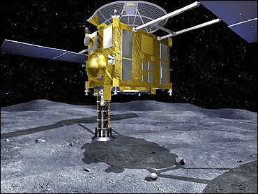 Image shows how the Hayabusa probe collects samples from the Itokawa asteroid. 