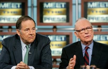 In this photograph provided by Meet The Press, former Vice Chairman of the 9/11 Commission Lee Hamilton, right, talks about the commission's recommendations as former Chairman of the commission Thomas Kean listens during a taping of 'Meet the Press' Sunday, Dec. 4, 2005 at the NBC studios in Washington.