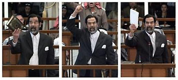Saddam Hussein addresses the court in this three picture combo during his trial held under tight security in Baghdad's heavily fortified Green Zone, Monday Dec. 5, 2005.