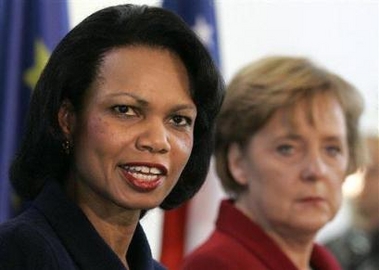 U.S. Secretary of State Condoleezza Rice, left, and German Chancellor Angela Merkel brief the media in the Chancellery in Berlin, Tuesday, Dec. 6, 2005 following their talks.