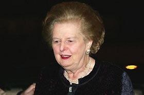 AP - Thu Nov 24, 3:43 PM ET Former British prime minister Margaret Thatcher arrives at the Guildhall Art Gallery in London for a reception to mark the publication of the book 'Margaret Thatcher, A Tribute in Words and Pictures' by Iain Dale, Thursday, Nov. 24, 2005. 