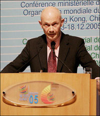 Director General Pascal Lamy speaks at the opening session of the World Trade Organization (WTO) talks in Hong Kong. World trade ministers opened talks seeking a deal to cut global trade barriers and combat poverty as thousands of protesters marched in the streets, denouncing the WTO as an enemy of the poor.(AFP/