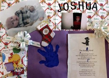 A montage of photos and school memories made by family members of Joshua Woods is displayed at his funeral, Wednesday, Dec. 14, 2005, in Steger, Ill. Joshua, 6, was killed when a plane trying to land in a snowstorm at Chicago's Midway Airport skidded off the runway, striking the vehicle he was riding in with his family.