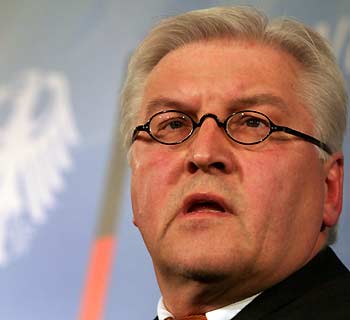 German Foreign Minister Frank-Walter Steinmeier speaks at a news conference, where he confirmed that German hostage in Iraq Susanne Osthoff is free, in Berlin December 18, 2005. Osthoff, 43, who spent more than a decade working on excavations in Iraq, disappeared with her driver on November 25.