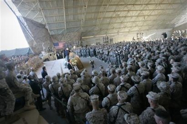 U.S. Vice President Dick Cheney addresses the Marines at Al-Asad Air Base, Sunday, Dec 18, 2005, in Iraq.