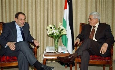 In this photo released by the Palestinian Authority, Palestinian Authority President Mahmoud Abbas, right, meets with European Union foreign policy chief Javier Solana, left, in Gaza City Sunday, Dec. 18, 2005.