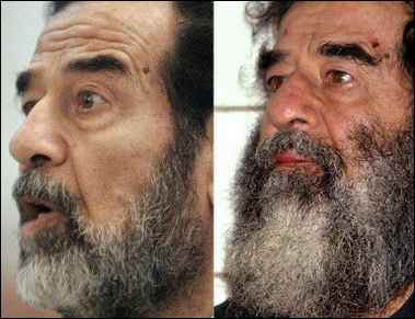 Former Iraqi 
 president Saddam Hussein, pictured at his trial this month (L) and shortly after his capture, has for the first time recounted the moment of his capture two years ago in an 'interview' conducted via his lawyer, British newspaper The Sun said(AFP/File)