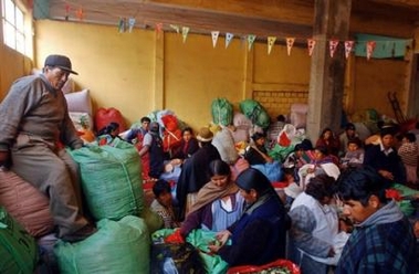 Buyers trade coca leaves on a coca market in La Paz, Bolivia on Friday, Jan. 23, 2004.