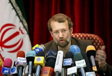 Iran's chief nuclear negotiator Ali Larijani speaks to journalists during a news conference in Tehran, December 5, 2005.