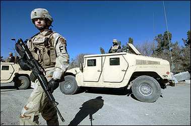 US soldiers patrol the streets of Kabul.