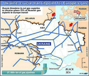 Graphic showing distribution of gas pipelines in Ukraine.
