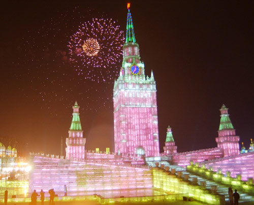 Fireworks light up the sky as the 22nd Harbin International Ice and Snow Festival opens in Harbin, Northeast China's Heilongjiang Province Thursday January 5, 2006. A host of miniatures of Russian landmarks will be on display during the annual event themed "China-Russia Friendship." [newsphoto]