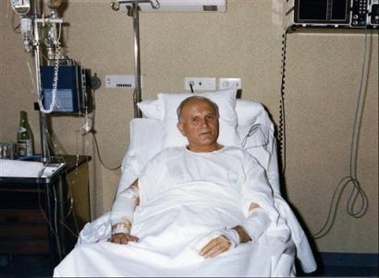 May 19, 1981 file photo of Pope John Paul II sitting in his bed at the Policlinico Gemelli hospital in Rome after he was wounded in St. Peter's square by his would-be assassin Mehemet Ali Agca on May 13, 1981.