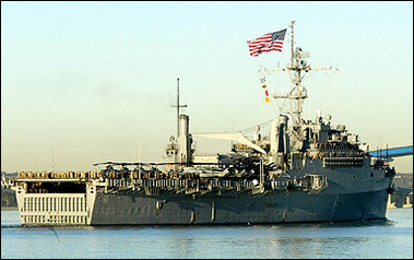 The amphibious assault ship USS Dubuque seen here in 2003 being deployed from the San Diego Naval Station.