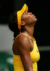 Williams of US reacts to having her serve broken by Pironkova of Bulgaria at Australian Open in Melbourne