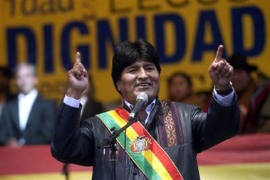 New Bolivian President Evo Morales speaks to supporters at the Plaza de los Heroes square in La Paz, Bolivia on Sunday, Jan. 22, 2006.