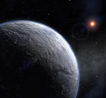 A newly discovered planet, designated by the unglamorous identifier of OGLE-2005-BLG-390Lb, orbits a red star five times less massive than the Sun and located at a distance of about 20,000 light years, in this undated artist's impression. A new planet-hunting technique has detected the most Earth-like planet yet around a star other than our sun, raising hopes of finding a space rock that might support life, astronomers reported on January 25, 2006.