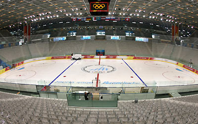 Final preparations are going on in Palasport Arena prior to Ice Hockey tournament in turin