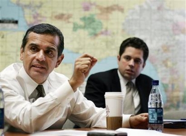 Los Angeles Mayor Antonio Villaraigosa, left, is interviewed Thursday, Feb . 9, 2006, at The Associated Press Los Angeles Bureau. 