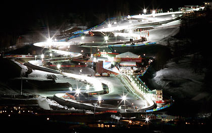 A view of the illuminated track for the Luge, Bobsleigh and Skeleton events of the Torino 2006 Winter Olympic Games in Cesana Pariol, Italy February 6, 2006.