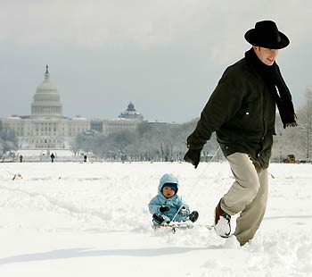 Maximillian Lindenberg, 19 months, is pulled along in his sled by fhis ather Andreas on the Washington Mall February 12, 2006, after heavy overnight snowfall. The biggest snowstorm of the season belted the northeastern United States on Sunday with whiteout conditions and flashes of lightning, forcing airports to close, snarling traffic and bringing joy to ski resorts. As much as 22.8 inches (57.9 cm) of snow fell in New York's central park, the second heaviest snowfall on record, topped only by a blizzard in 1947, said the National Weather Service.