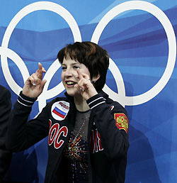 Irina Slutskaya from Russia reacts after the women's short program during the Figure Skating competition at the Torino 2006 Winter Olympic Games in Turin, Italy, February 21, 2006.