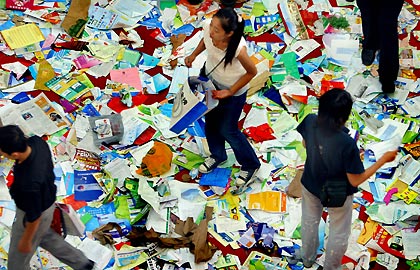 Leaflets cover floor at a Nanjing medical expo