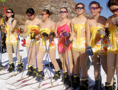 Skiing in bikini