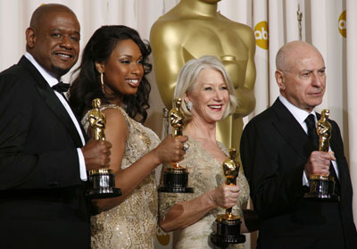Academy Award winners pose backstage in Hollywood 