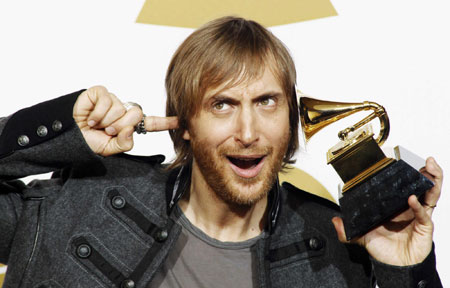 David Guetta holds his Grammy award for best remixed recording at 52nd annual Grammy Awards