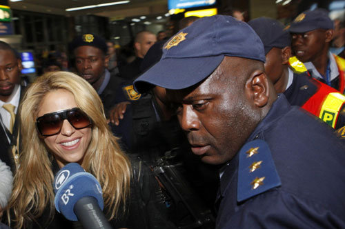 Shakira speaks to media at Oliver Tambo international airport