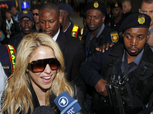 Shakira speaks to media at Oliver Tambo international airport