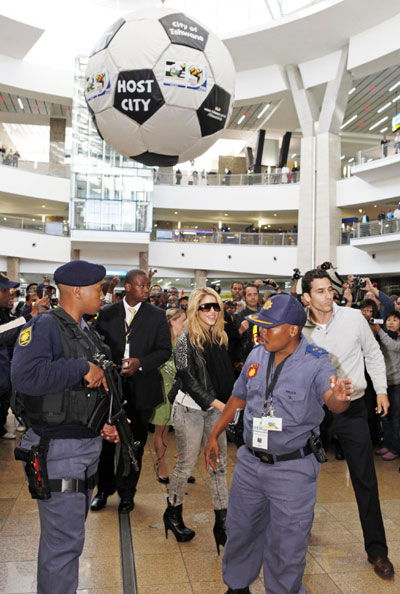Shakira speaks to media at Oliver Tambo international airport