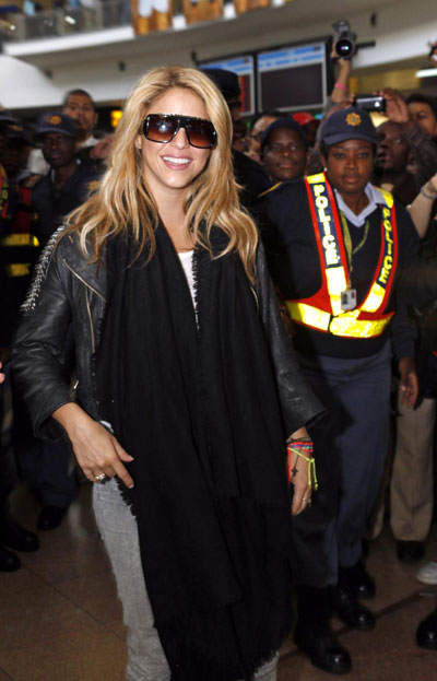 Shakira speaks to media at Oliver Tambo international airport
