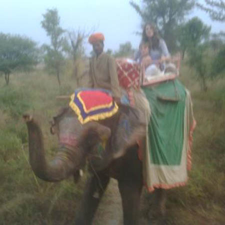 Elizabeth Hurley rides an elephant