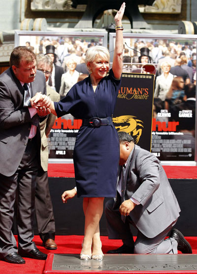 Helen Mirren makes hand and footprints in Hollywood